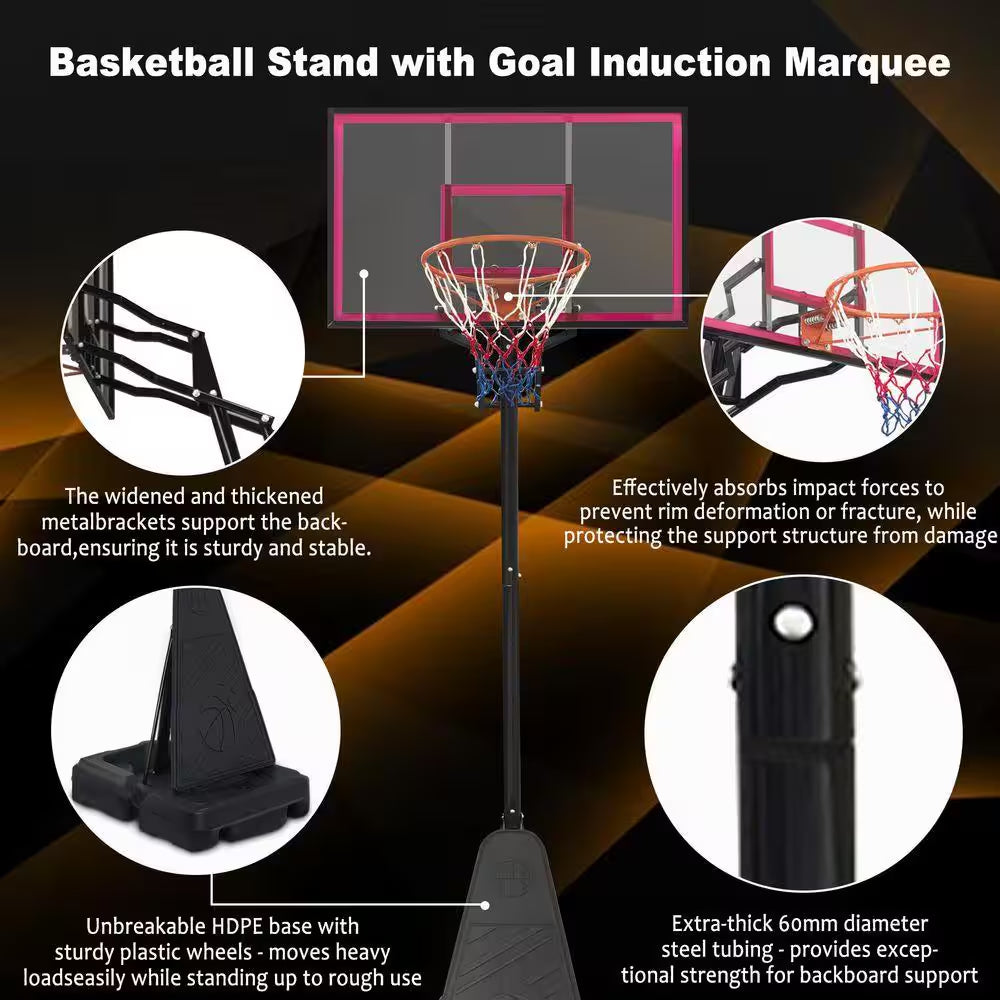 8 Ft. to 10 Ft. Black Metal Portable Basketball Hoop Height Adjustment with LED Lights