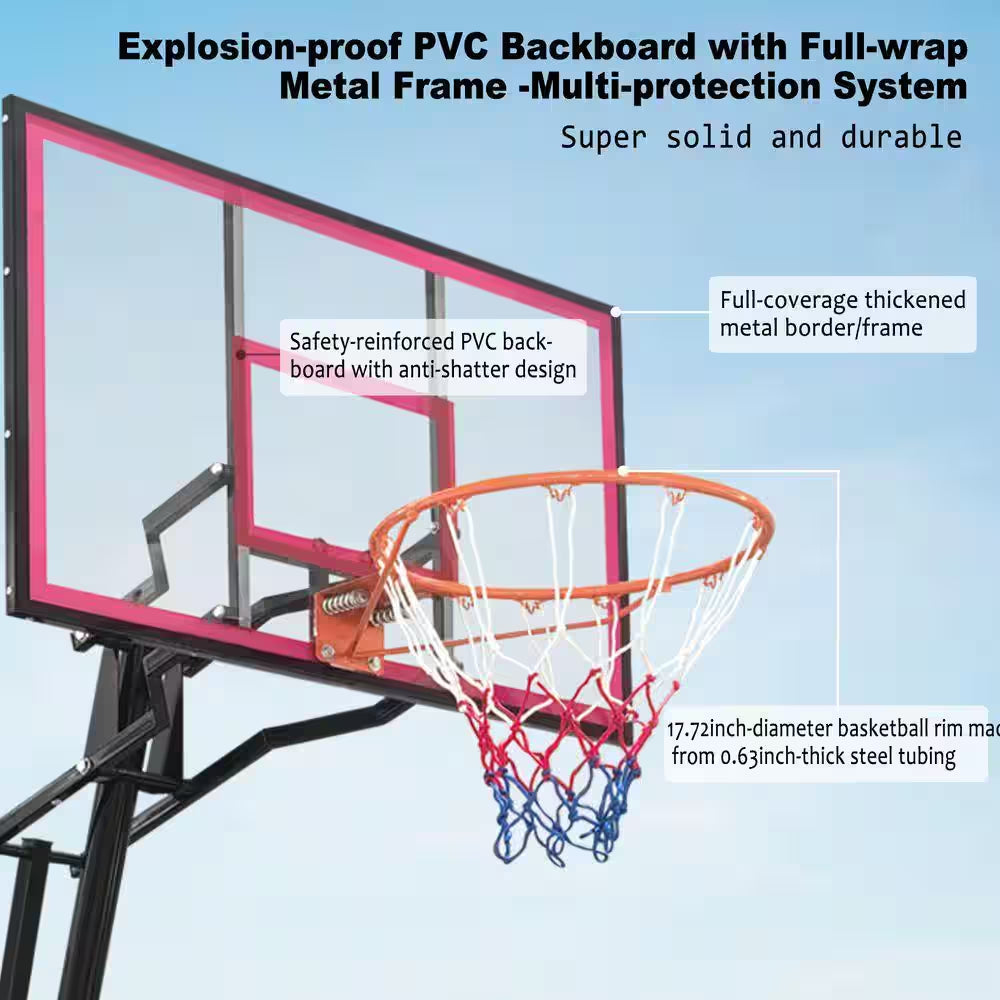 8 Ft. to 10 Ft. Black Metal Portable Basketball Hoop Height Adjustment with LED Lights