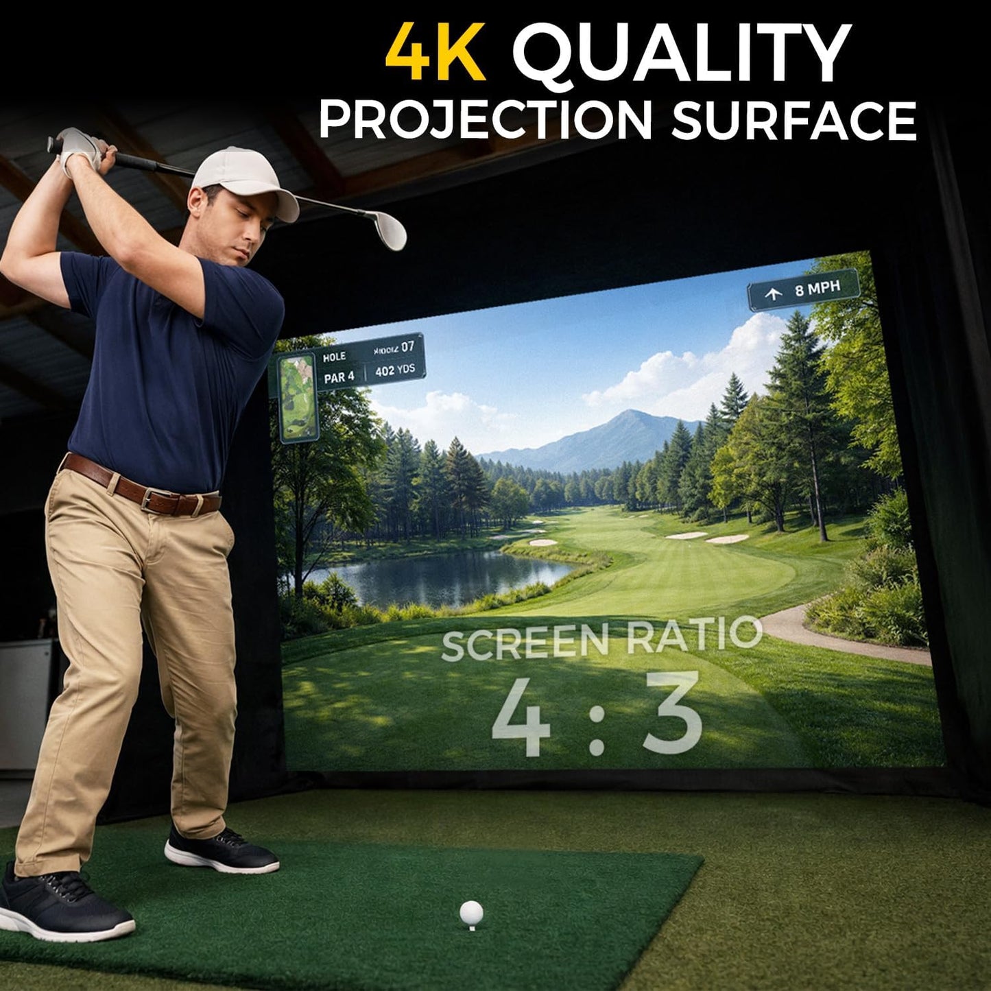 Golf Simulator Enclosure Kit 10 X 8 Ft, 4K-Ready Dual-Layer Projection Impact Screen, Safety Side Netting & Thick Foam Edge Padding for Indoor Home Garage Golf Cage Practice Training