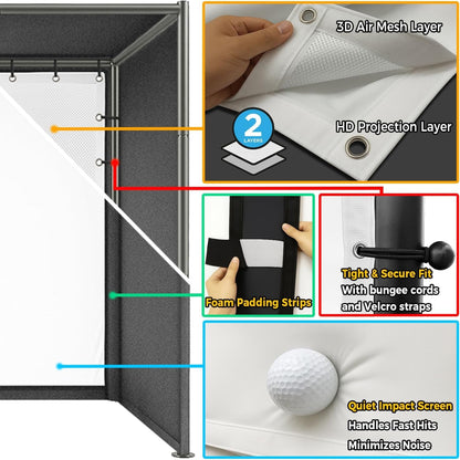 Golf Simulator Enclosure Kit 10 X 8 Ft, 4K-Ready Dual-Layer Projection Impact Screen, Safety Side Netting & Thick Foam Edge Padding for Indoor Home Garage Golf Cage Practice Training